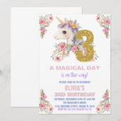 Bloemen Eenhoorn Verjaardag Uitnodigingen Glitter (Voorkant / Achterkant)