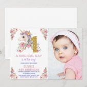 Bloemen Eenhoorn Verjaardag Uitnodigingen Glitter (Voorkant / Achterkant)