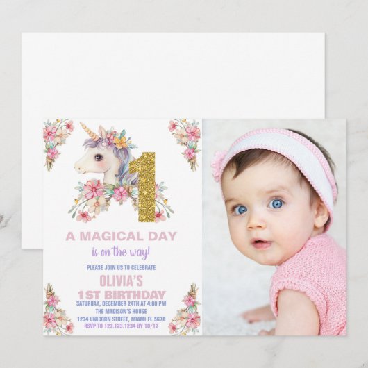 Bloemen Eenhoorn Verjaardag Uitnodigingen Glitter (Voorkant / Achterkant)