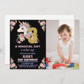 Bloemen Eenhoorn Verjaardag Uitnodigingen Glitter  (Voorkant / Achterkant)