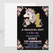 Bloemen Eenhoorn Verjaardag Uitnodigingen Glitter (Voorkant / Achterkant)