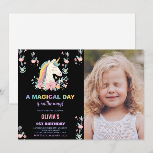 Bloemen Eenhoorn Verjaardag Uitnodigingen met foto (Voorkant / Achterkant)