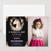 Bloemen Eenhoorn Verjaardag Uitnodigingen met foto (Voorkant / Achterkant)