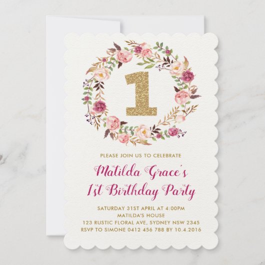 Bloemen Eerste 1e verjaardag Meisje Party Uitnodig Kaart (Voorkant)