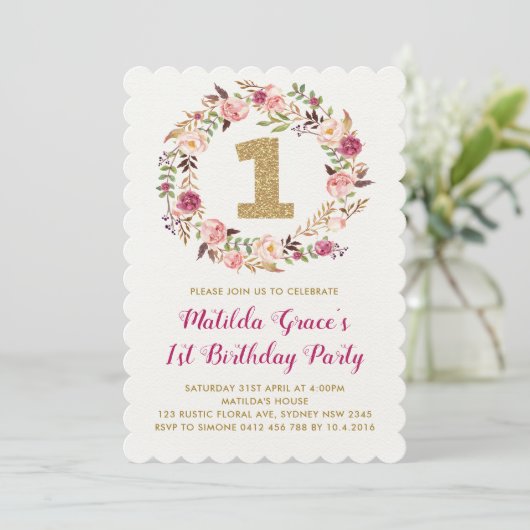 Bloemen Eerste 1e verjaardag Meisje Party Uitnodig Kaart (Staand voorkant)