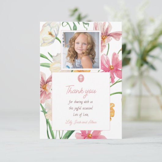 Bloemen Eerste Heilige Communie Foto Bedankkaart (Staand voorkant)