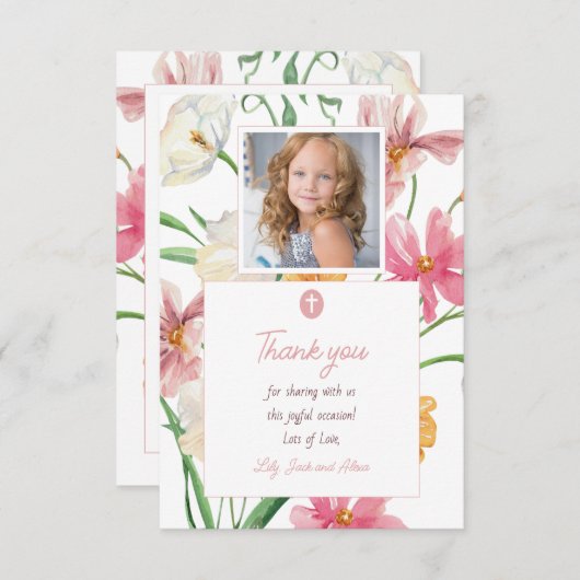 Bloemen Eerste Heilige Communie Foto Bedankkaart (Voorkant / Achterkant)