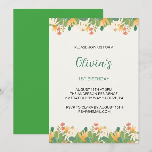 Bloemen Eerste Verjaardag uitnodiging (Voorkant / Achterkant)