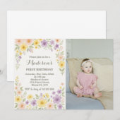 Bloemen Eerste Verjaardag Uitnodiging met foto (Voorkant / Achterkant)