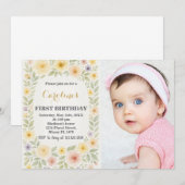 Bloemen Eerste Verjaardag Uitnodiging met foto (Voorkant / Achterkant)