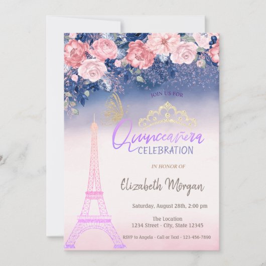 Bloemen, Eiffel Tower Butterfly Ombre Quinceanera Kaart (Voorkant)