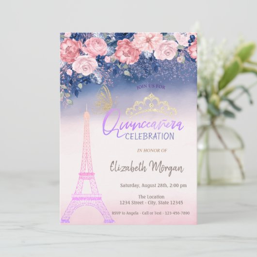Bloemen, Eiffel Tower Butterfly Ombre Quinceanera Kaart (Staand voorkant)