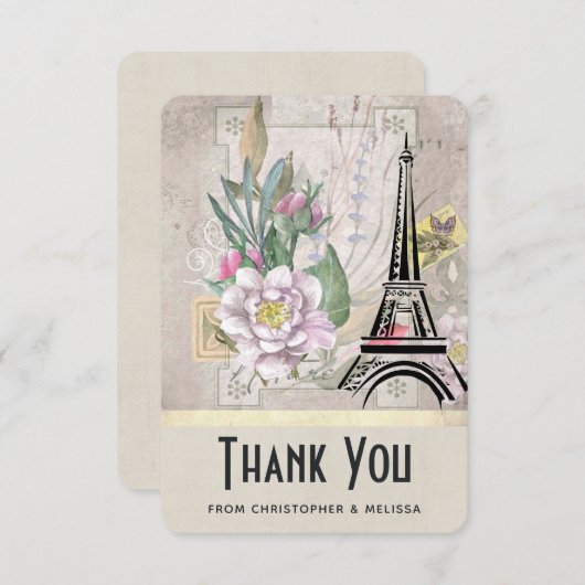 bloemen, Eiffel Tower en Burlap Wedding Bedankkaart (Voorkant / Achterkant)