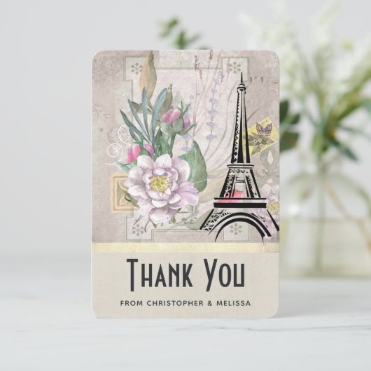  bloemen, Eiffel Tower en Burlap Wedding Bedankkaart (Staand voorkant)