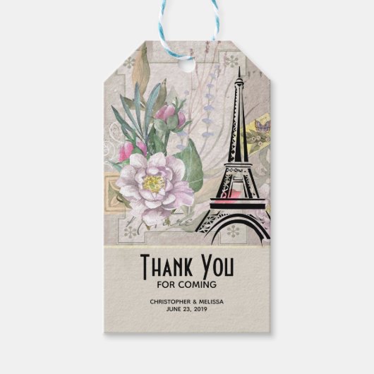  bloemen, Eiffel Tower en Burlap Wedding Cadeaulabel (Voorkant)