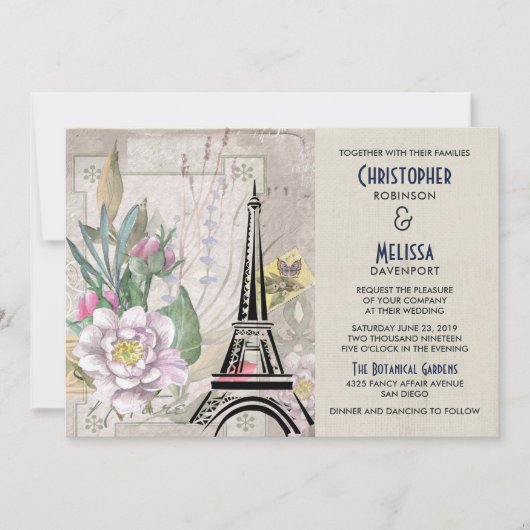  bloemen, Eiffel Tower en Burlap Wedding Kaart (Voorkant)