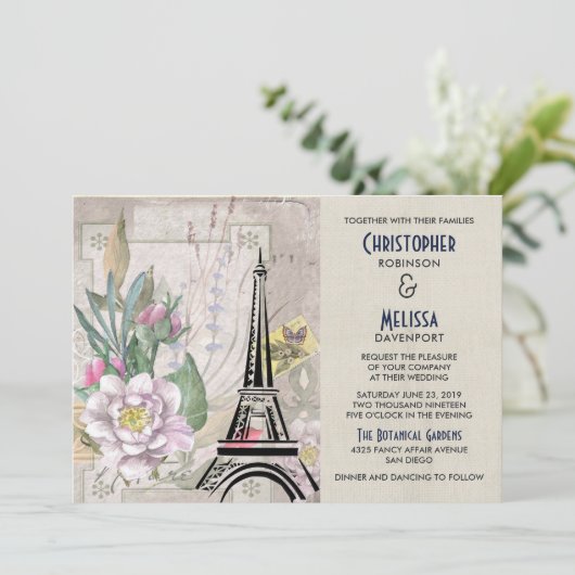  bloemen, Eiffel Tower en Burlap Wedding Kaart (Staand voorkant)