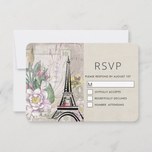  bloemen, Eiffel Tower en Burlap Wedding RSVP Kaartje (Voorkant)