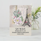  bloemen, Eiffel Tower en Burlap Wedding Save The Date (Staand voorkant)