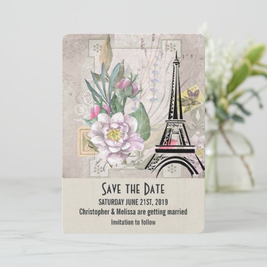 bloemen, Eiffel Tower en Burlap Wedding Save The Date (Staand voorkant)