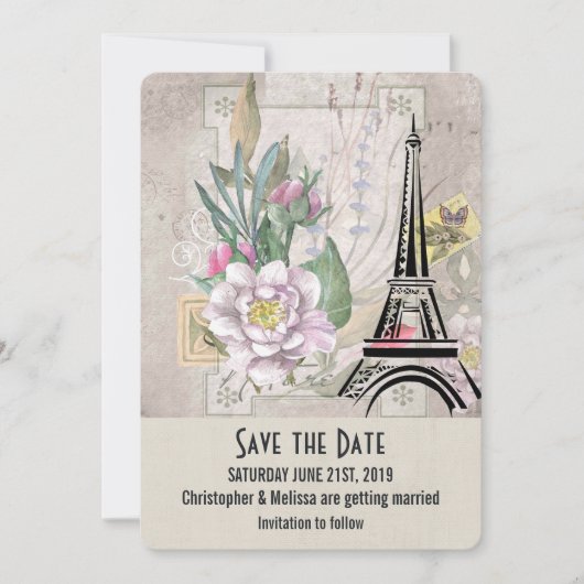  bloemen, Eiffel Tower en Burlap Wedding Save The Date (Voorkant)