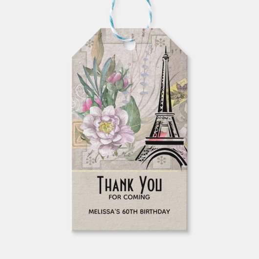 bloemen, Eiffeltoren en Burlap Birthday Cadeaulabel (Voorkant)