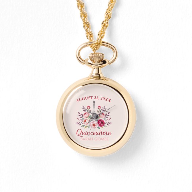 Bloemen Eiffeltoren Quinceanera Horloge (Voorkant)
