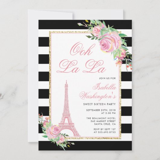 Bloemen & Eiffeltoren Verjaardagsfeestje Uitnodigi Kaart (Voorkant)