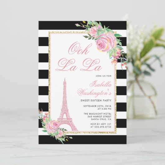 Bloemen & Eiffeltoren Verjaardagsfeestje Uitnodigi Kaart (Staand voorkant)