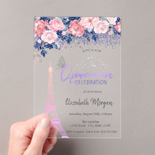 Bloemen,Eiffeltoren Vlinder Ombre Quinceanera  Acryl Uitnodigingen
