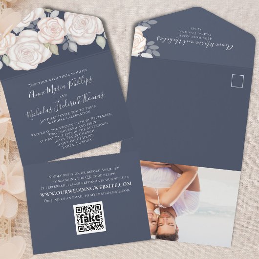 Bloemen Elegant Blush Blue Foto | QR-codedetails All In One Uitnodiging