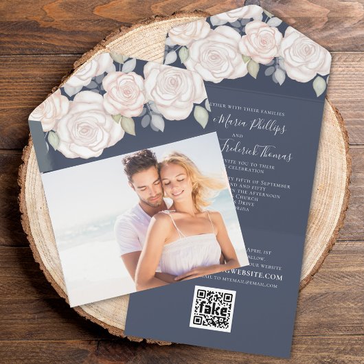 Bloemen Elegant Blush Blue Foto | QR-codedetails All In One Uitnodiging