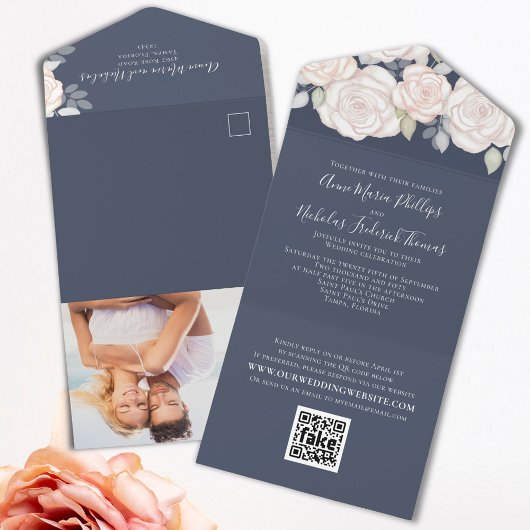 Bloemen Elegant Blush Blue Foto | QR-codedetails All In One Uitnodiging