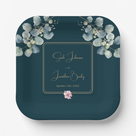 Bloemen Elegant Eucalyptus Bladgroen Bruiloft Papieren Bordje (Voorkant)
