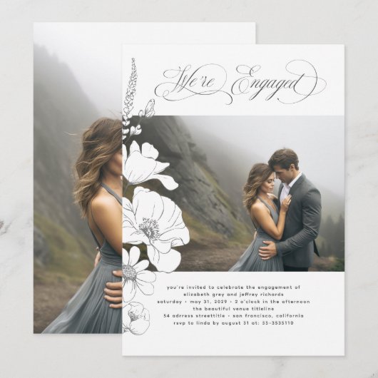 Bloemen Elegant Modern Verlovingsfeest Foto Kaart (Voorkant / Achterkant)