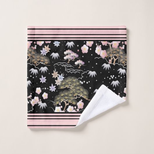 Bloemen Elegant Zwart en Roze Bad Handdoek (Wasdoekje)