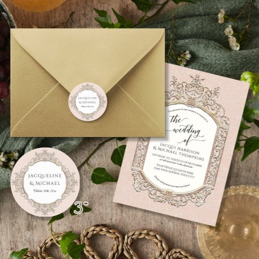 Bloemen Elegante  Blush Roze en Gouden Bruiloft Ronde Sticker