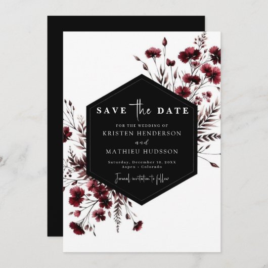 Bloemen Elegante Bourgondische bruiloft Save The Date (Voorkant / Achterkant)