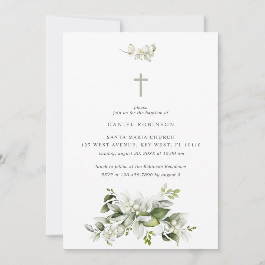 Bloemen Elegante Greenery Doop Uitnodiging (Voorkant)