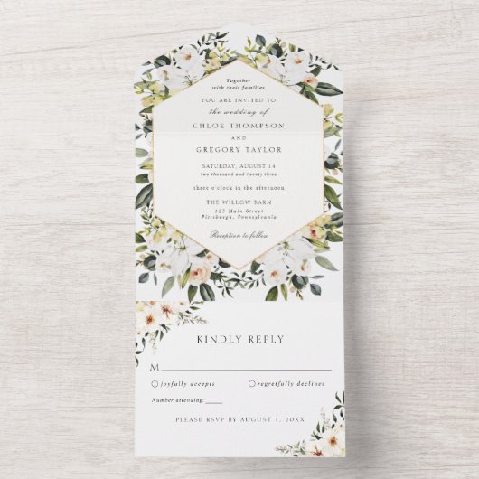 Bloemen Elegante Magnolia en groen bruiloft All In One Uitnodiging (Binnen)