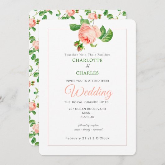 Bloemen Elegante Roze Rozen Vintage bruiloft Kaart (Voorkant / Achterkant)