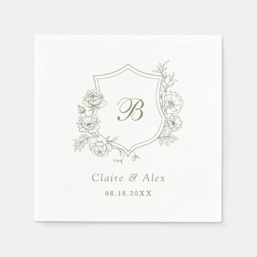 Bloemen Elegante Rozen Crest Sage Groen Monogram Servet (Voorkant)