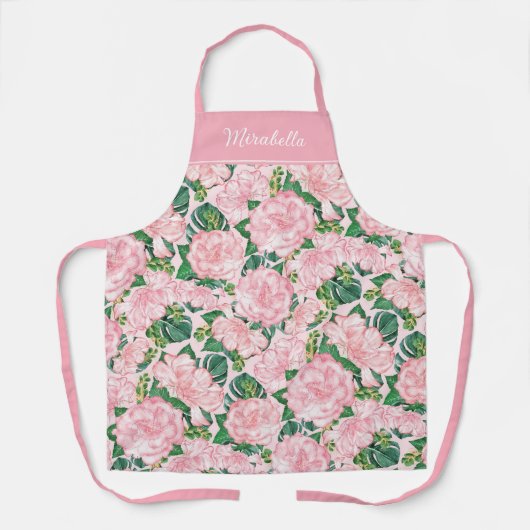 Bloemen Elegante Rozen en Monstera Monogrammed Roz Schort (Voorkant)