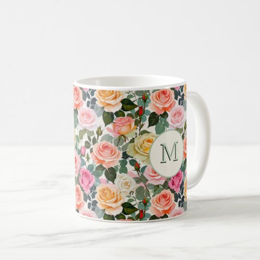 Bloemen Elegante Rozen  Monogrammed Koffiemok (Voorkant rechts)