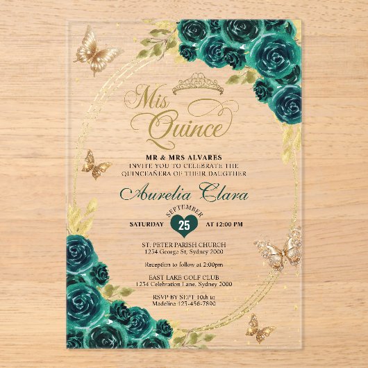 Bloemen Emerald Gold Tiara Vlinder Quinceañera Acryl Uitnodigingen (Voorkant)