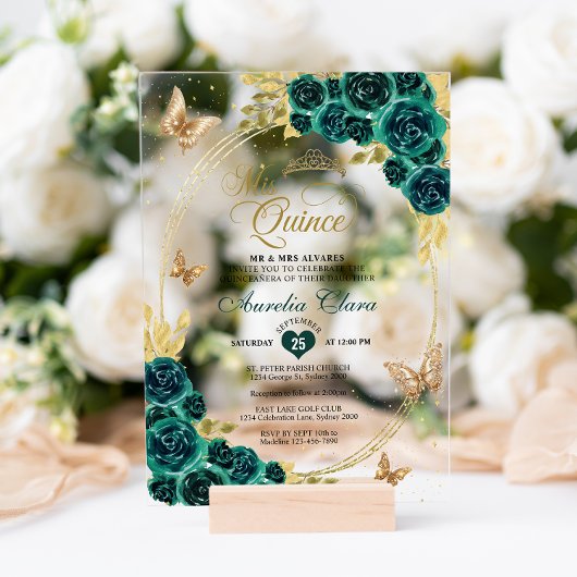 Bloemen Emerald Gold Tiara Vlinder Quinceañera Acryl Uitnodigingen