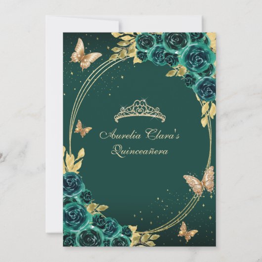 Bloemen Emerald Gold Tiara Vlinder Quinceañera Kaart (Achterkant)
