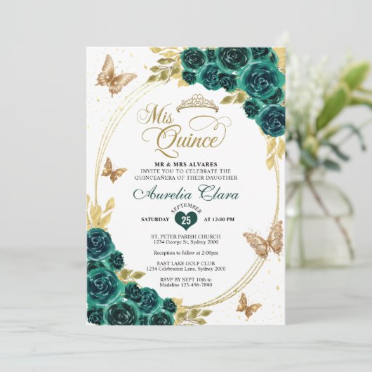 Bloemen Emerald Gold Tiara Vlinder Quinceañera Kaart (Staand voorkant)