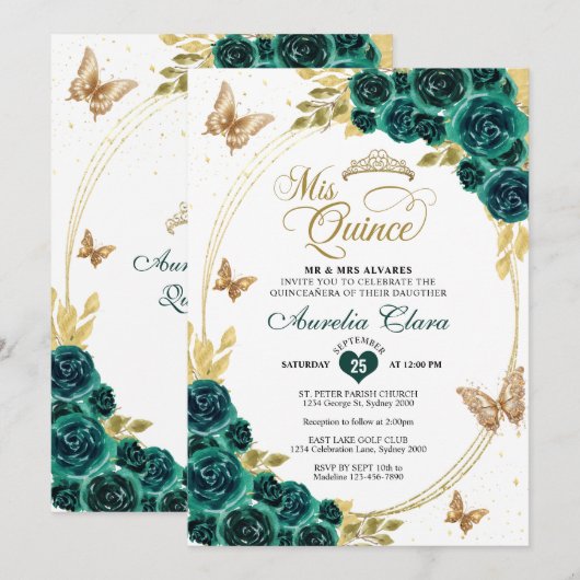 Bloemen Emerald Gold Tiara Vlinder Quinceañera Kaart (Voorkant / Achterkant)