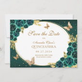 Bloemen Emerald Gold Tiara Vlinder Quinceañera Save The Date (Voorkant)